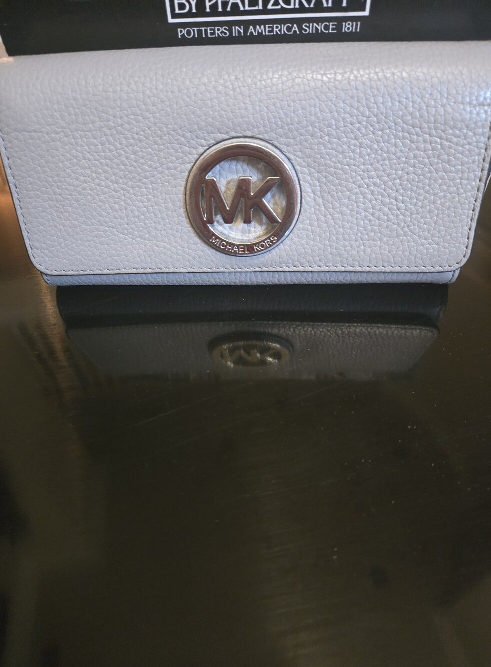 Michael Kors Pebbled Leather Wallet in Light Gray with Silver MK Logo